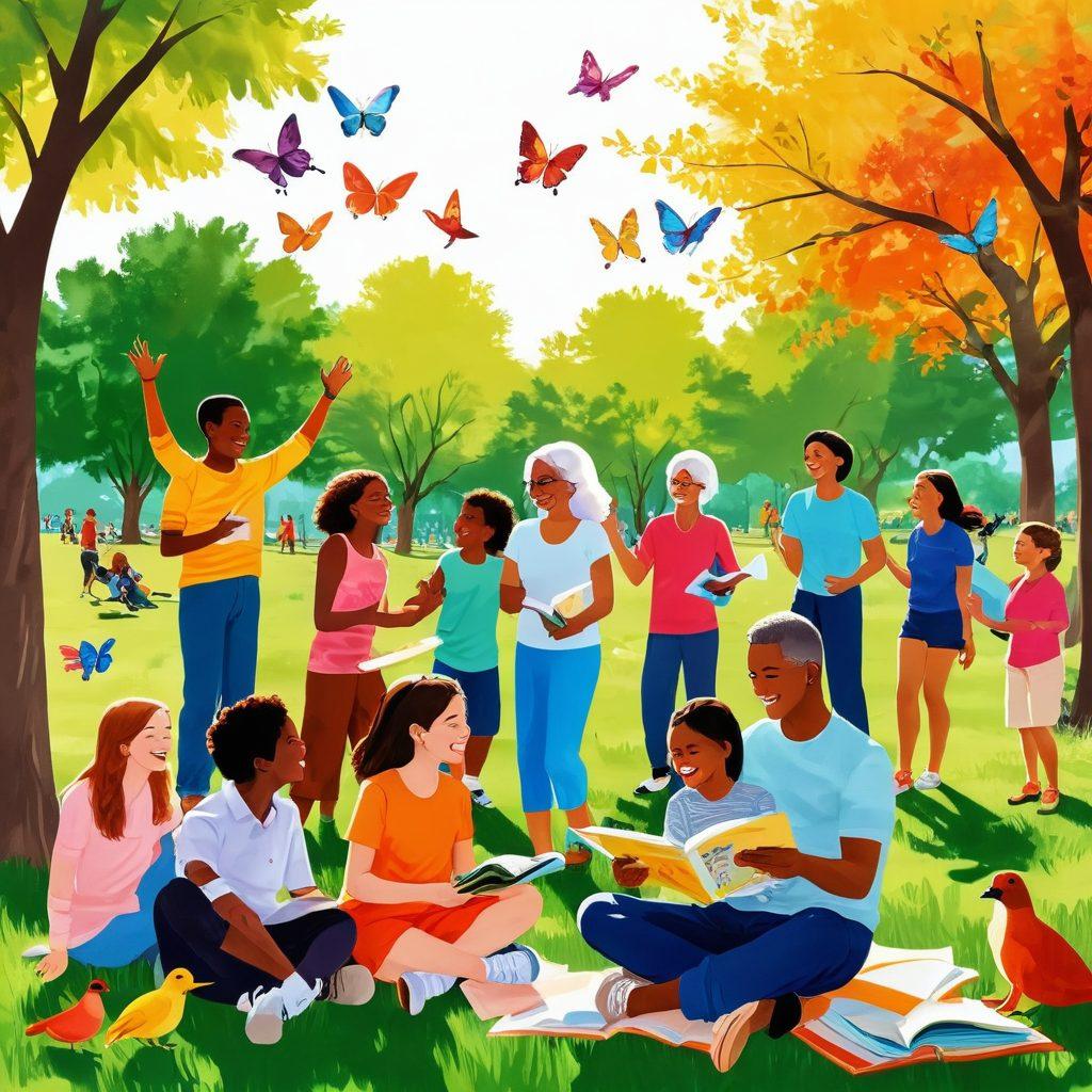 A vibrant collage of people of all ages engaging in joyful activities, like playing in a park, reading uplifting news, and sharing laughter. Incorporate a grand sun shining brightly in the background, bursting with warmth and positivity. Include cheerful animals like birds and butterflies fluttering around, symbolizing hope and happiness. The overall atmosphere should radiate joy and inspire togetherness. colorful illustration. cheerful style. bright and uplifting colors.