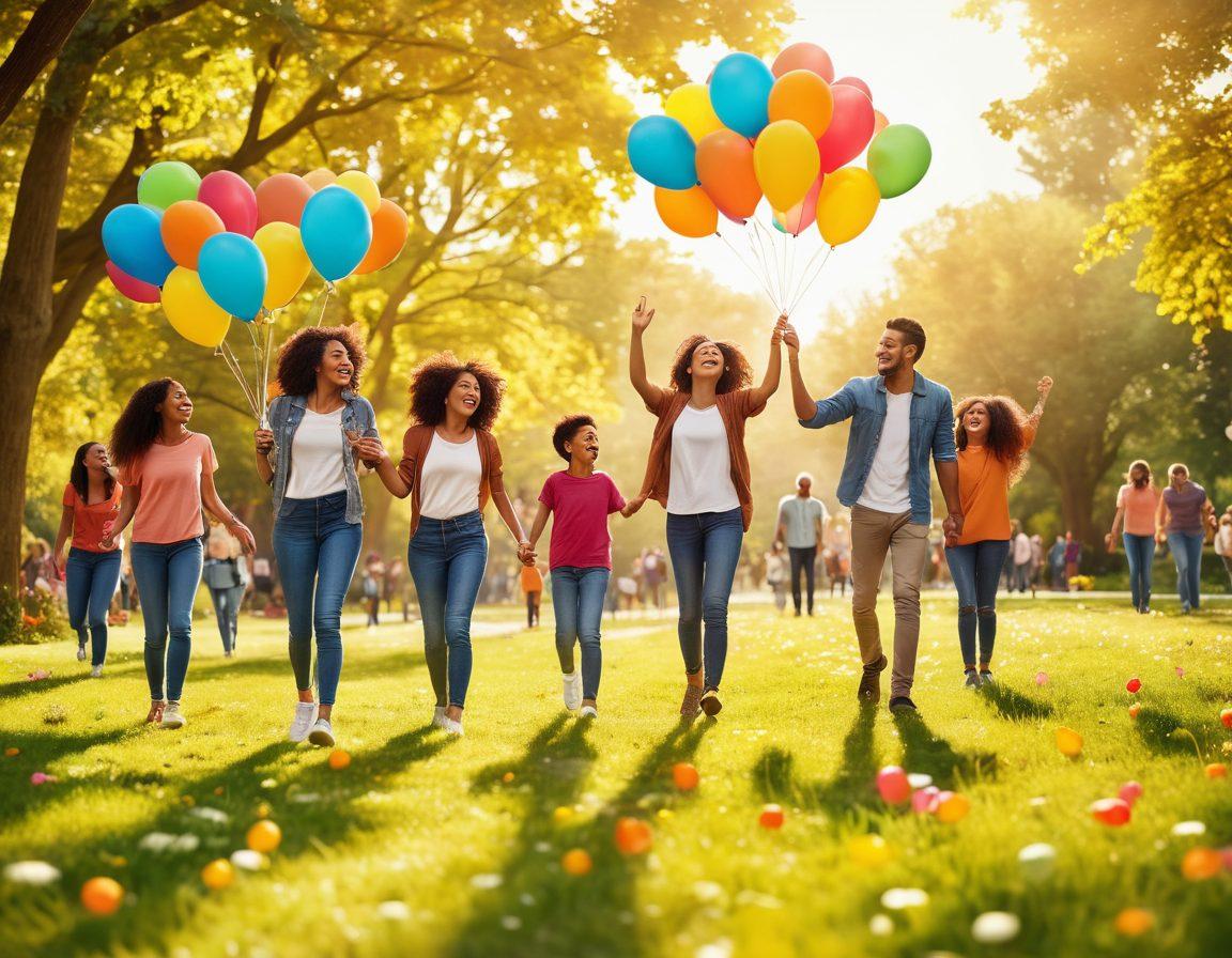 A vibrant community scene with diverse people joyfully engaging in uplifting activities, such as sharing smiles, volunteering, and celebrating together in a sunny park. Incorporate colorful balloons, a cheerful atmosphere, and elements representing positivity like flowers and sunshine. Capture feelings of happiness and togetherness radiating throughout the image. ultra-realistic. bright colors. sunny background.
